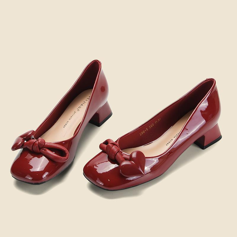 Fashion 2024women's Single Shoes with Heel New Fashion Solid Color PU Surface Flat Heel Women's Shoes Square Head with Heel Single Shoes