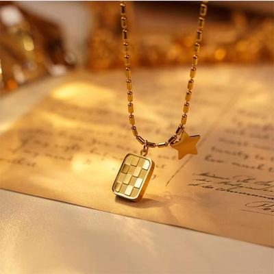 Titanium Steel Necklace Wind Plating 18K Golden Fang Card Chessboard Pendant