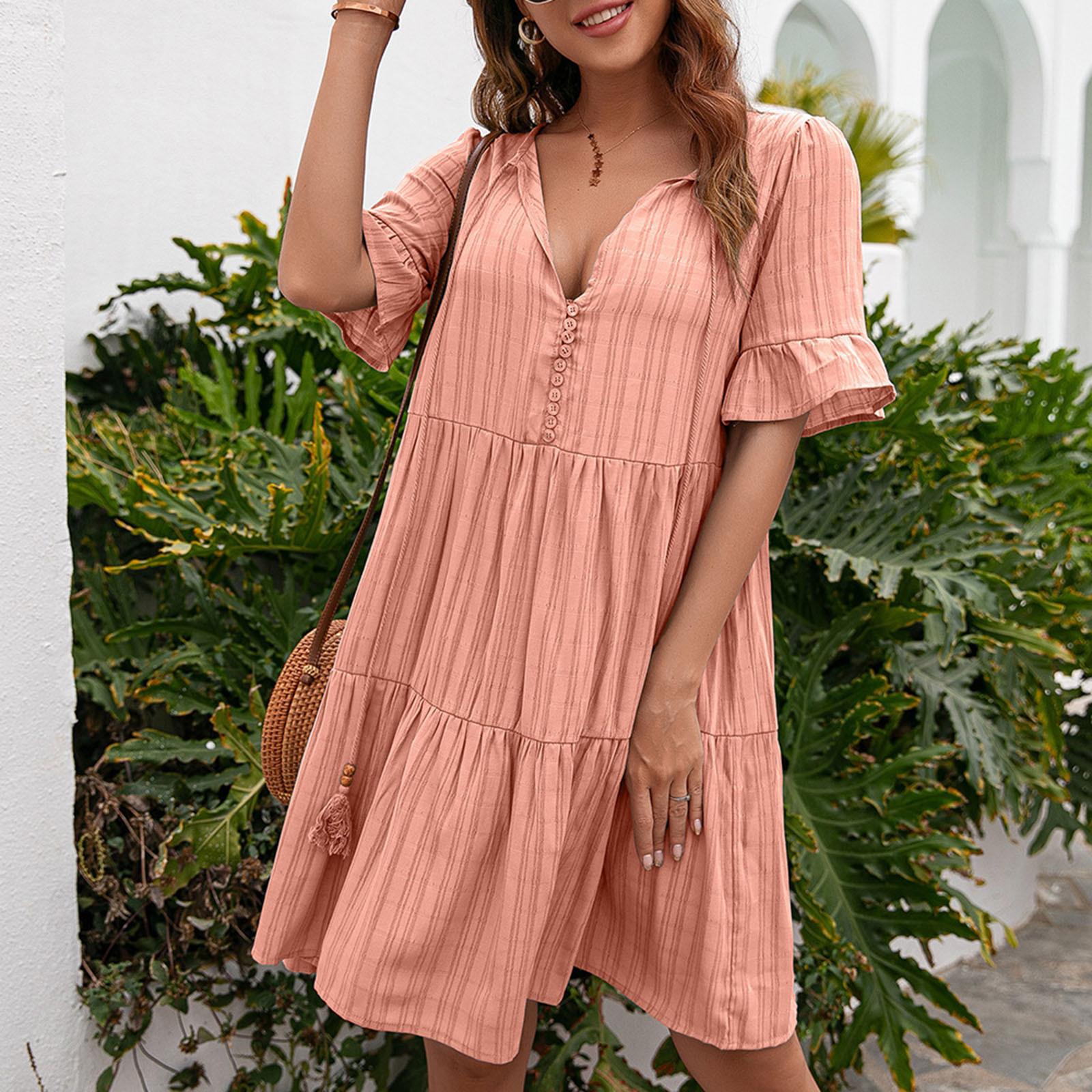 

Женское модное свободное повседневное однотонное платье с v-образным вырезом и рукавами из 5 частей L розовый