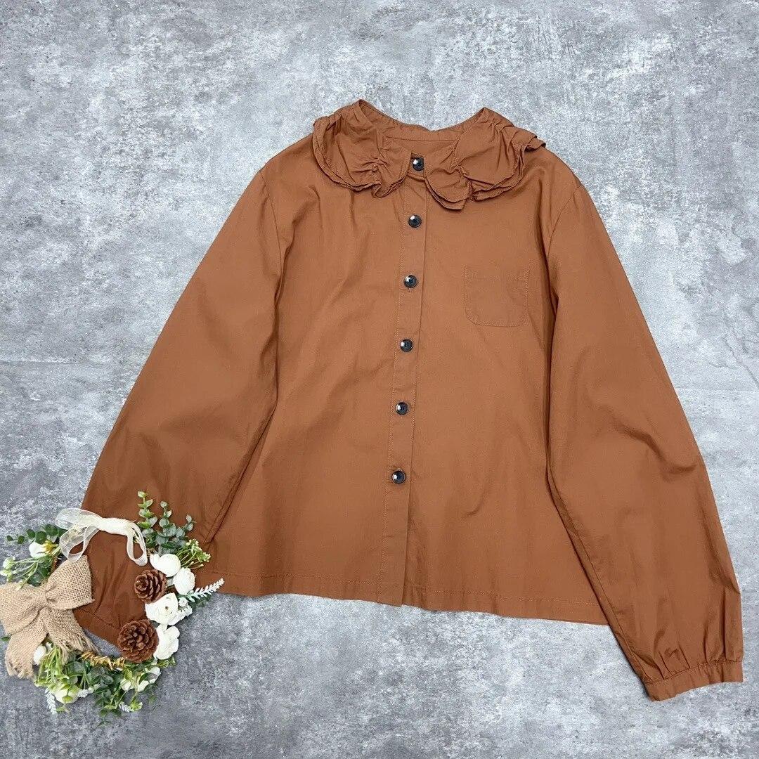 

Johnature Spring Doll Collar Плісовані хвилясті мереживні солодкі бавовняні сорочки з довгими рукавами Повсякденні однотонні вільні топи для жінок One Size кавовий