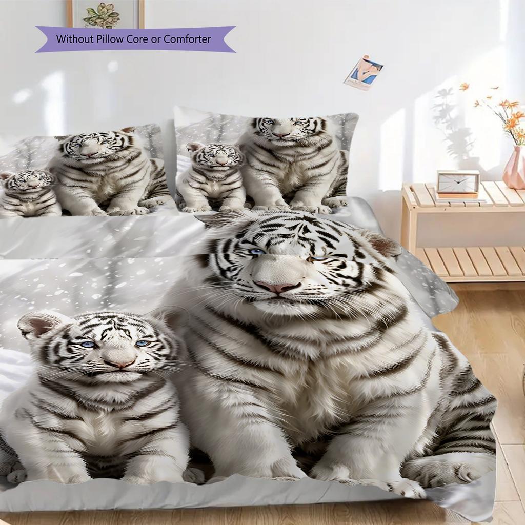 White Tiger Pattern Bedding Quilt Set Quilt Cover Pillowcase Home Decoration Birthday Gift (1 * Duvet Cover + 2 * Pillowcase, Without Core)