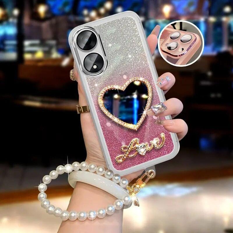 Luxusní perlové pouzdro na náramek pro OPPO A58 Realme 11 4G Reno11 7 10 Pro 7Z 8 Lite 5G A12 A5S Mirror Cover Lesklý třpytivý obal