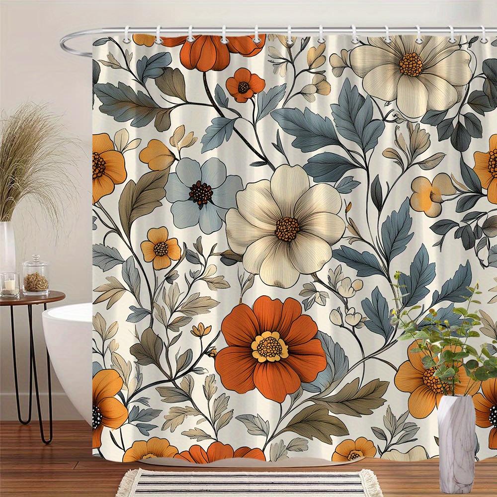 

1pc Seamless Vintage Botanical Floral Shower Curtain with Orange/White/Light Blue Flowers & Textured Green Leaves - Polyester 90x180cm
