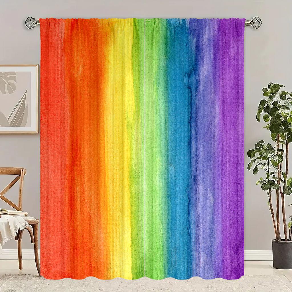 2 Pieces - Rainbow Stripes - Printed Curtain - Polyester Material - for Bedroom Living Room Study Anti-privacy Curtain