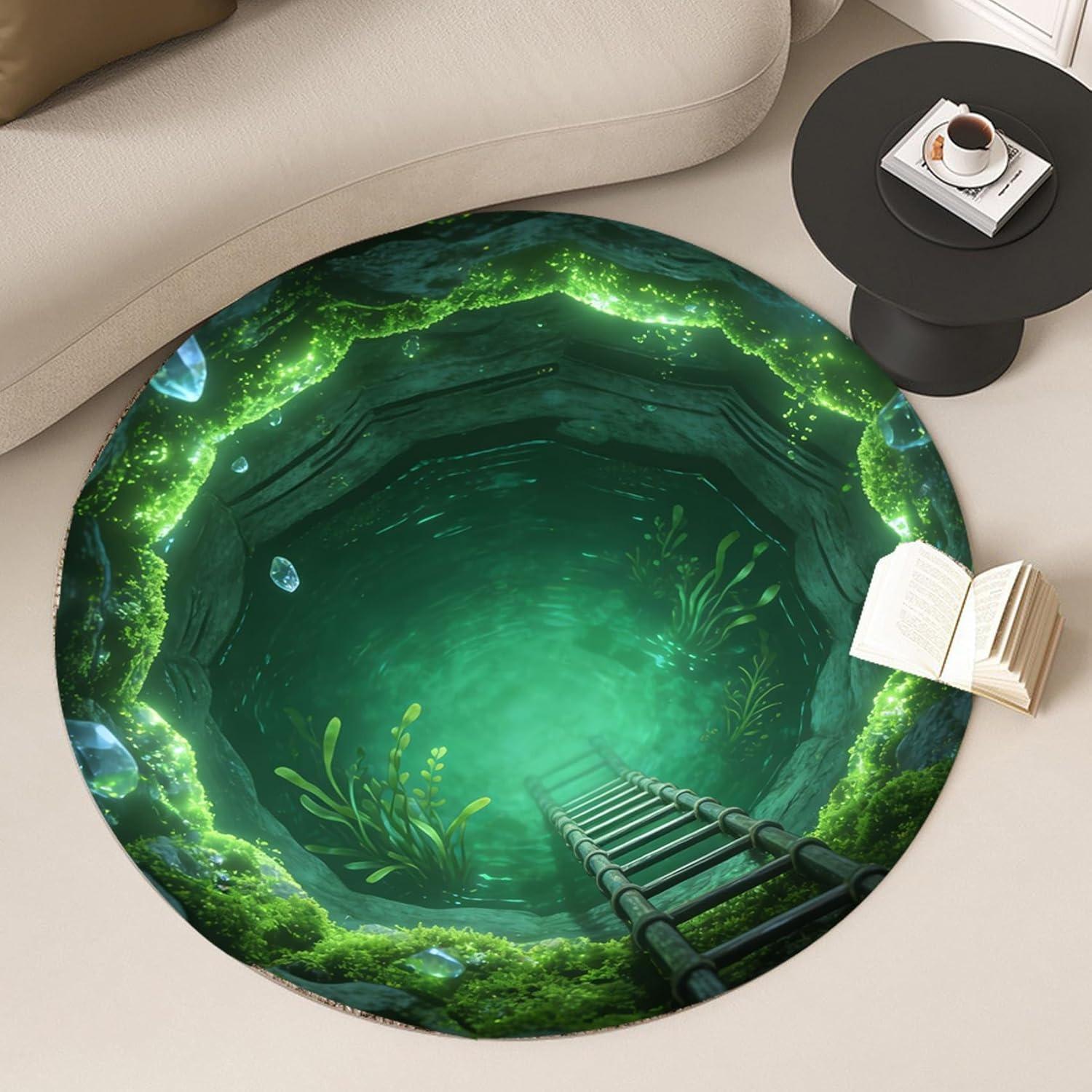 

2D Print Cave Water Hole Theme Round Rug Soft Non-Slip Green Moss Plant Print Carpet Modern Home Decor Floor Mat for Living Room 80cm x 80cm