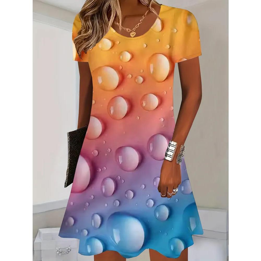 Summer Round Neck Short Sleeved Dress Colorful Heart-shaped Water Droplet Print Fashionable Comfortable Breathable Vacation Casual Women's Mini Dress