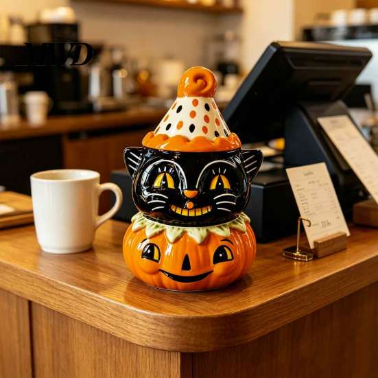 Herbst Heimdekoration Halloween Schwarze Katze Kürbis Figur, Süß Spooky auf mehrstufiger Ablage Herbst Dekoration Harz Statue für Party Regal Kamin Tischplatte