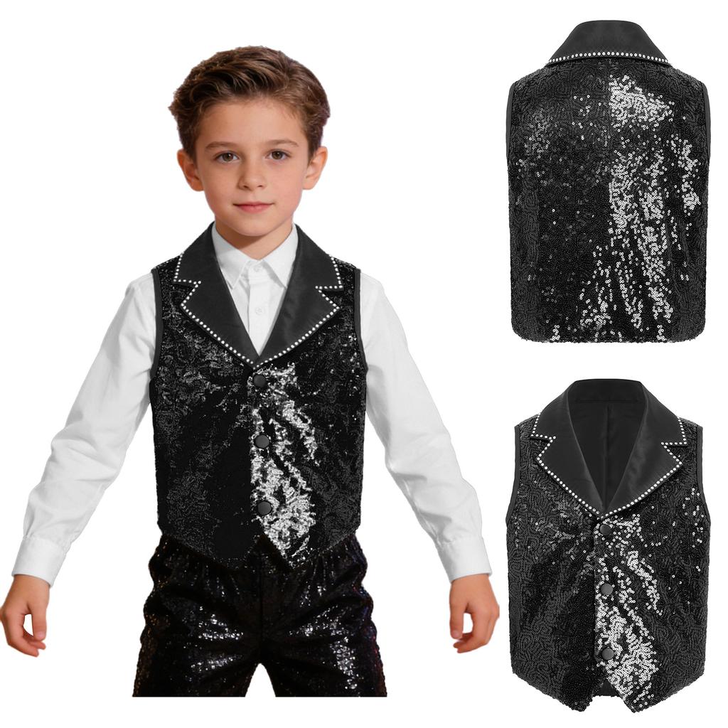 Boys Girls Sparkly Sequin Vest Contrast Lapel Collar Sleeveless Asymmetrical Waistcoat for Stage Performance Costume Tops