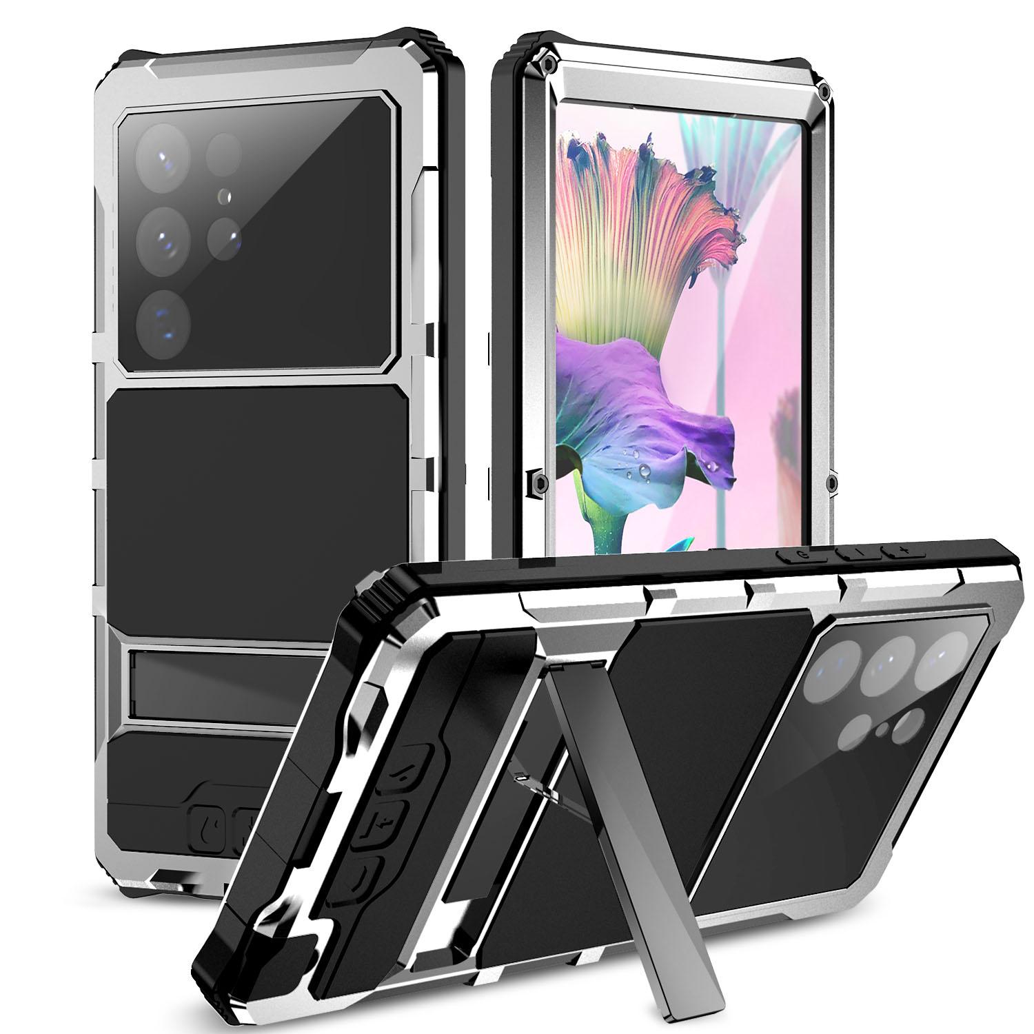 

R-JUST For Samsung Galaxy S23 Ultra Kickstand Phone Case PC+Silicone+Metal Waterproof Dust-proof Cover with Screen Protector Silver
