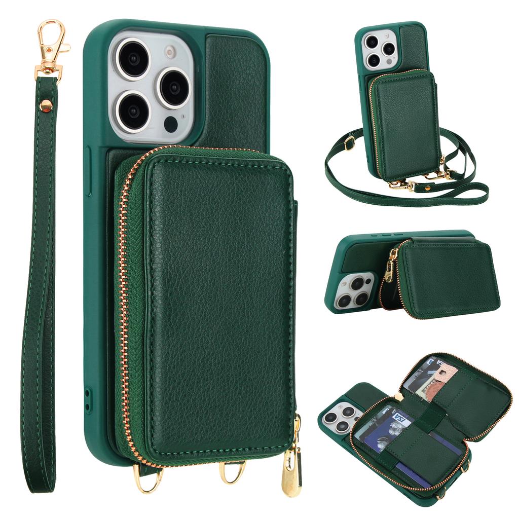 For iPhone 15 Pro Case RFID Blocking Zipper Wallet Leather + TPU Phone Cover with Shoulder Strap