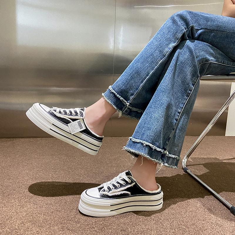 Zapatillas Baotou para mujer verano para exterior 2024 nuevas zapatillas de lona blancas sin talón medio zueco perezoso sandalias de verano de suela gruesa