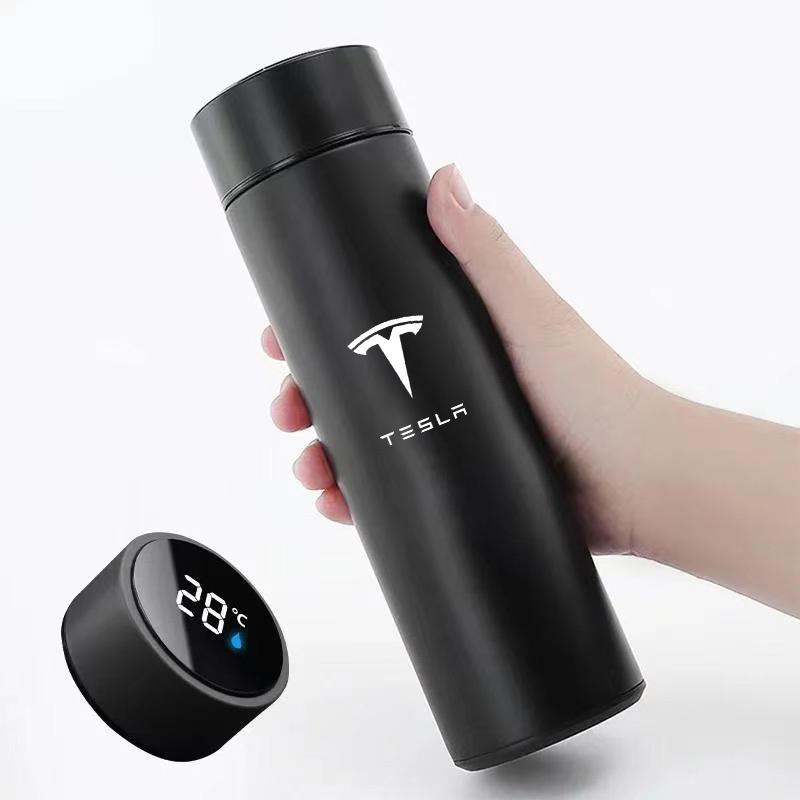 Für Tesla Model 3 Model S X Model Y Roadster SpaceX Edelstahl Thermosbecher Intelligentes Display Vakuum Auto Wasserbecher Autoaufkleber