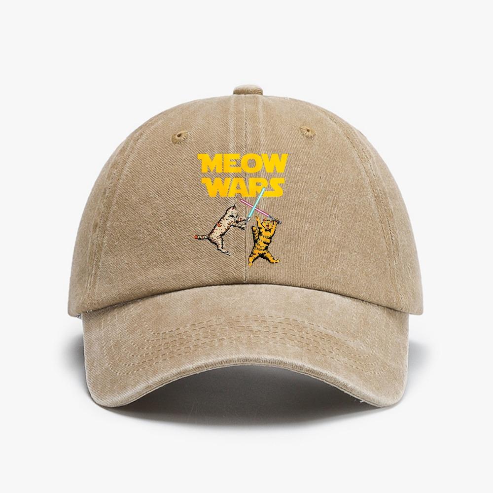Meow Wars Cat Funny Hat Gifts For Cats Lovers Baseball Cap Fashion Vintage Washed Denim Hat Summer Breathable Adjustable Hats