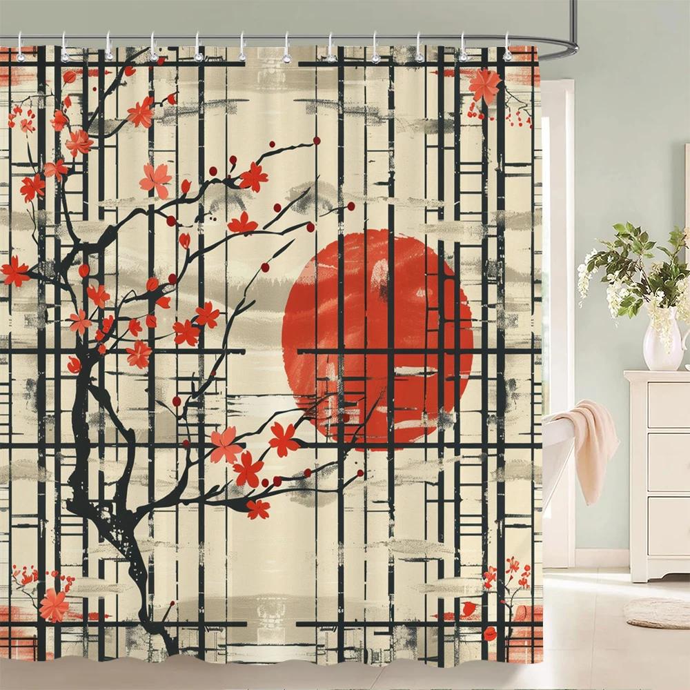 Japanischer Stil Blumen Vogel Duschvorhang Abstrakt Berg Rot Floral Pflanze Tuschekunst Landschaft Stoff Dekor Badezimmervorhänge