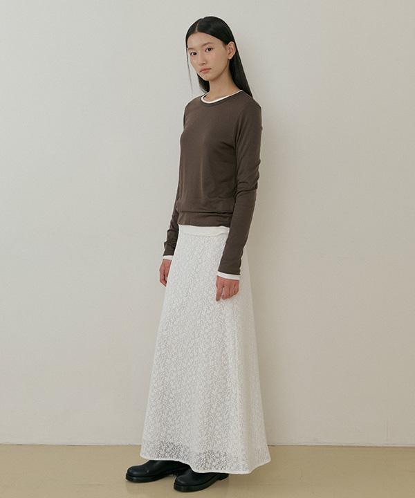Lingseoul [Select Length] Lace Banding Skirt - Ivory (Midi/Long)