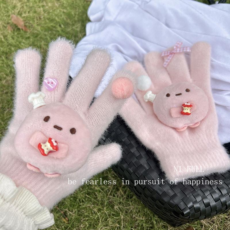 Miffy Rabbit sea salt blue bone girly gloves, cute plush and faux mink, warm split-finger gloves for women