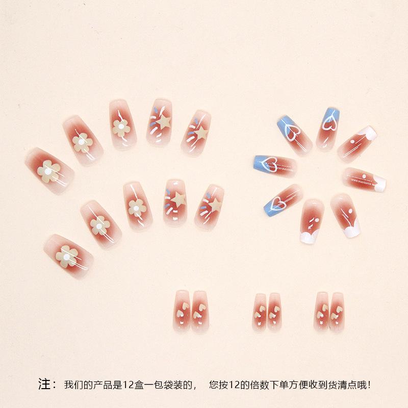 24 Pieces Cute Summer New Product Medium and Long Blush Nail Flower Love Star Nail Art Wearable Fake Nail Patch