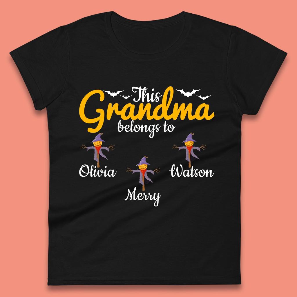 Personalised This Grandma Belongs To Your Name Halloween Grandma Scarecrow With Grandkid Names Gift Womens Tee T Shirt Mens Tops Unisex Top