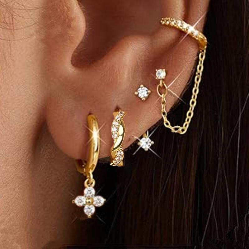 4PCS Double Piercing Chain Huggie Hoop Earring Lot For Women Tragus Stud Earrings Flower Cartilage Helix Jewelry Lobe Earing Set
