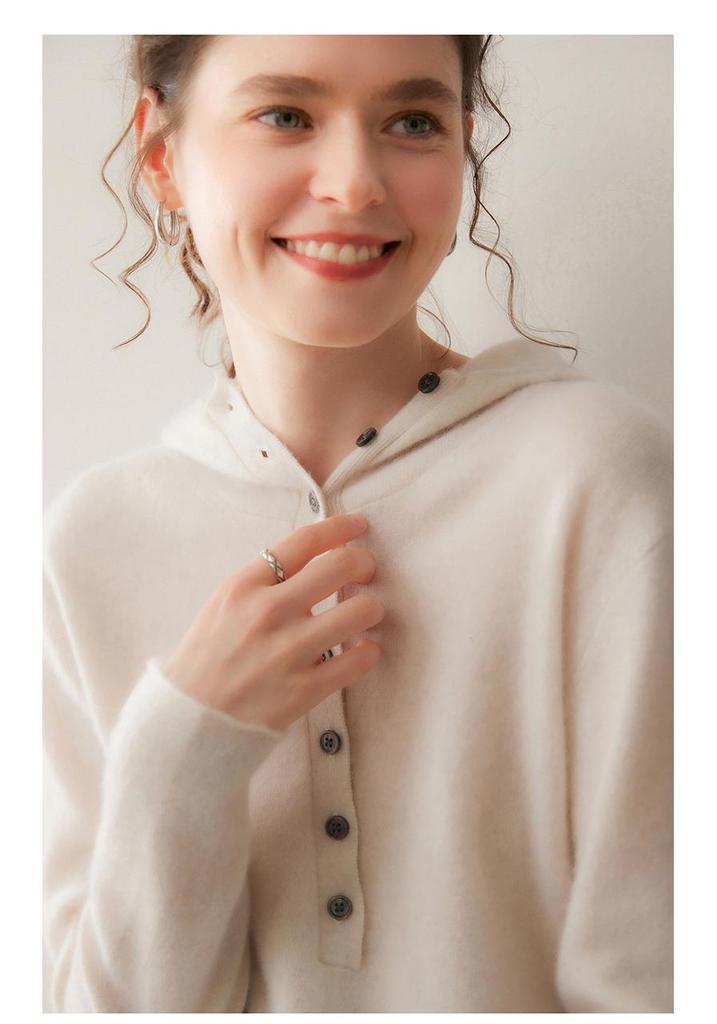 Women's Hooded Cashmere Sweater - 2026 Autumn/Winter Collection, Gentle Style, Loose Fit, Solid Color, Warm Slimming Layer