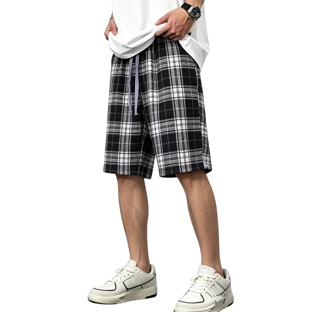 Men Drawstring Waist Plaid Print Casual Shorts Relaxed Fit Lightweight Breathable Fabric Knee Length Summer Bottoms
