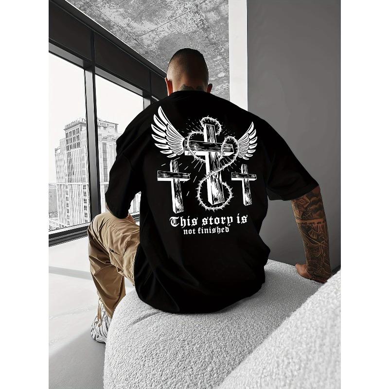 European Size Y2K Style Men's T-Shirt with Winged Cross Pattern- Casual Streetwear, Breathable Fiber, Summer Outdoor Fashion