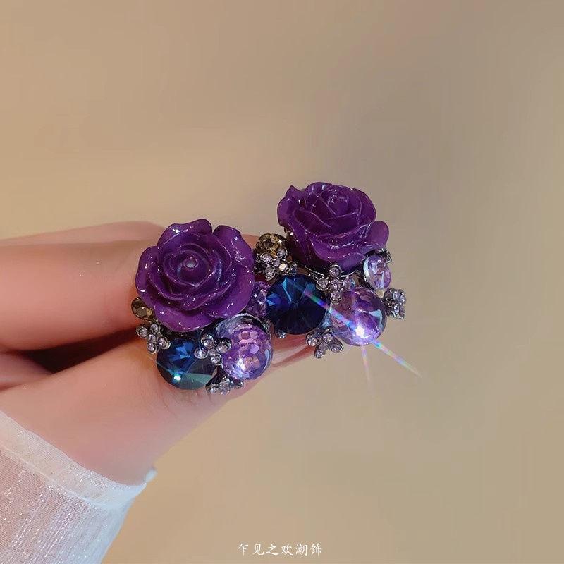 "Charm Purple Flower Dew" Purple Flower Earrings Women's Premium Sense Japanese and Korean Beautiful Stud Earrings Charm Unique Sexy Earrings