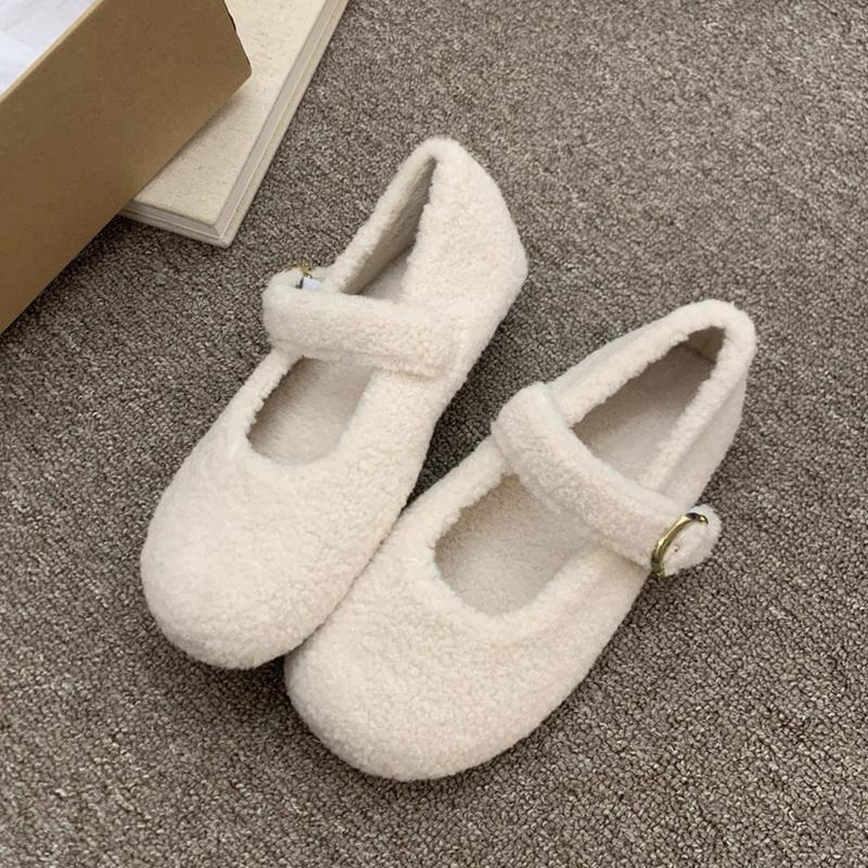 Fashion Elegant Round Toe Lambswool Ballet Flats Woman Winter Warm Plush Loafers Ladies Brand Design Teddy Fur Mary Jane Shoes In Grey