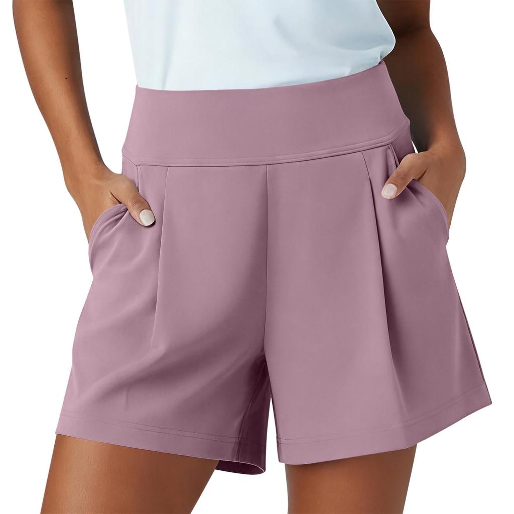 Women High Waist Pleated Athletic Yoga Shorts with Pockets Relaxed Fit Sports Casual Lounge Shorts for Workout Running Walking