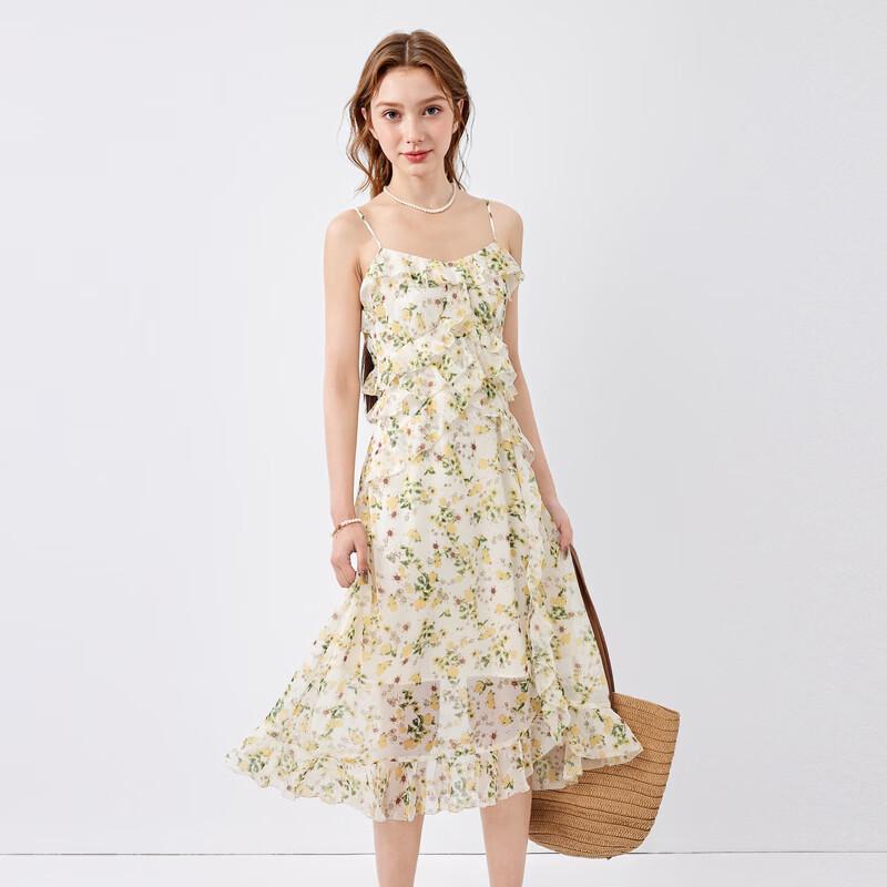 Qiusui Yiren Floral Ruffle Chiffon Dress L