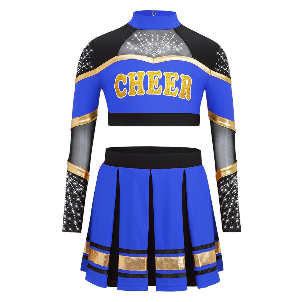 Bambina Ragazza Costume da Cheerleader 2 Pezzi Costume da Esibizione Manica Lunga Patchwork in Rete Trasparente Strass Color Block Crop Top con Gonna Pieghettata