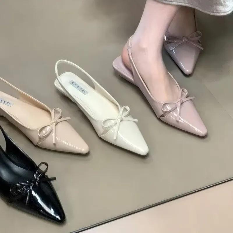 Versatile Womens Sandals with Anti Slip Slim Heel Close Toes Elastic Band Bow 2025 Summer Outdoor PU Black/White Fashion Sandals