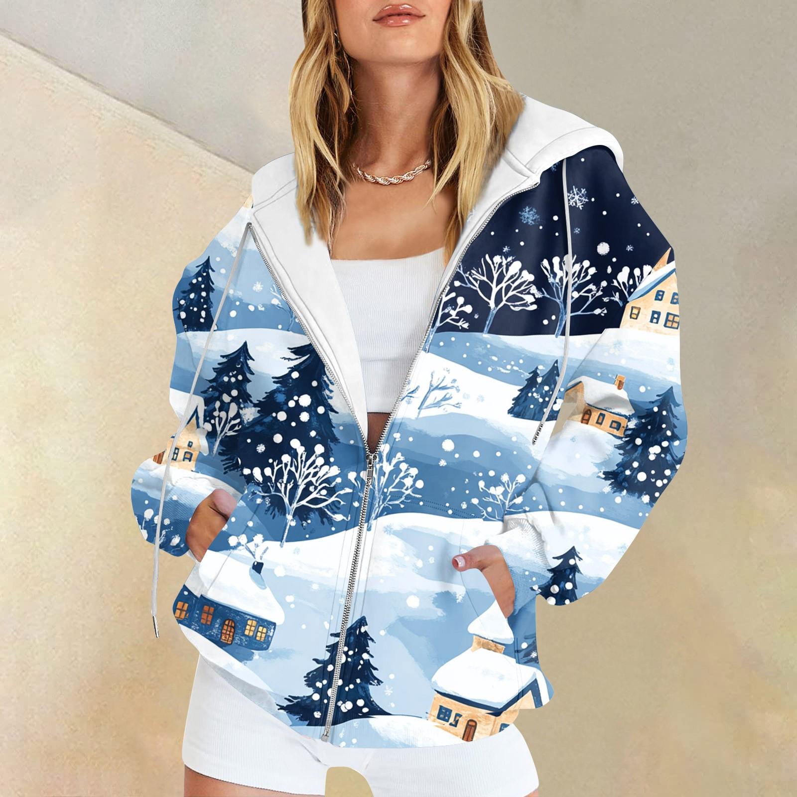 

Женская рождественская печатная толстовка, зимняя куртка-кардиган с длинными рукавами и карманами, на молнии, толстовка с капюшоном, верхняя одежда L