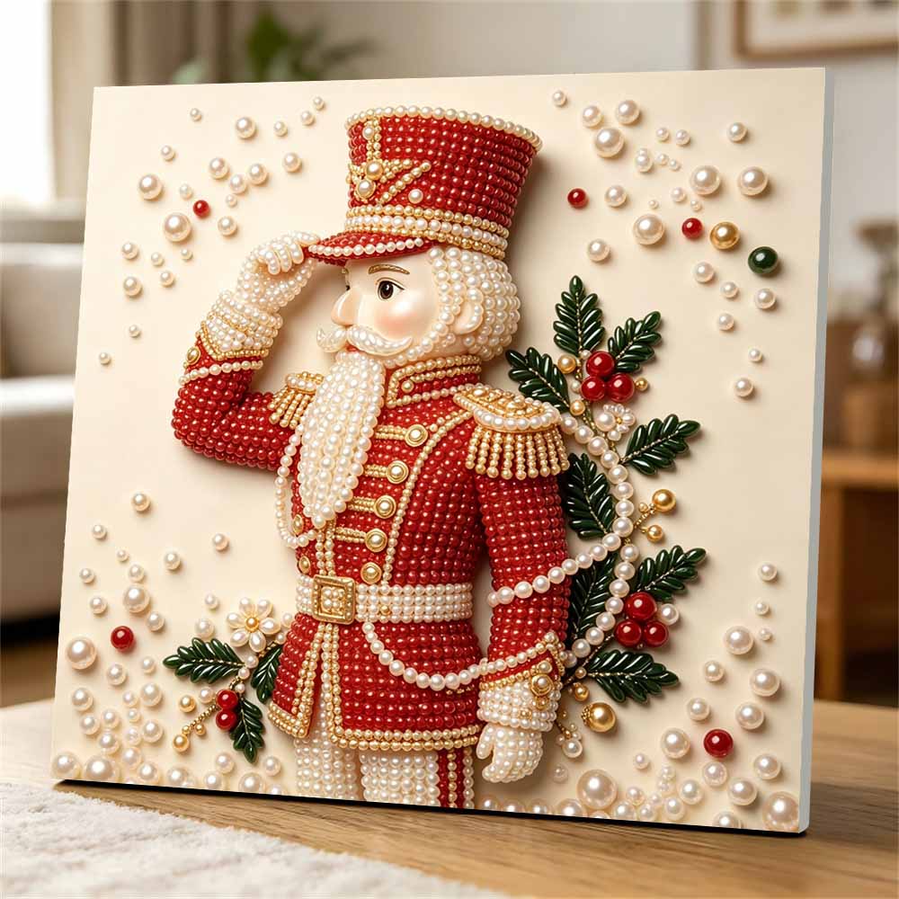 Handmade Framed Pearl Painting Set with Elegant Christmas Nutcracker Design 5D Shiny Bead Art Canvas Creative DIY Craft for Wall Room Decor