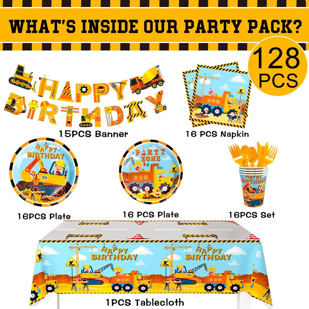 128-teiliges Bauparty-Geschirrset - Baugeburtstagsparty Teller Becher Servietten Tischdecke Banner etc Bauparty-Geschirr