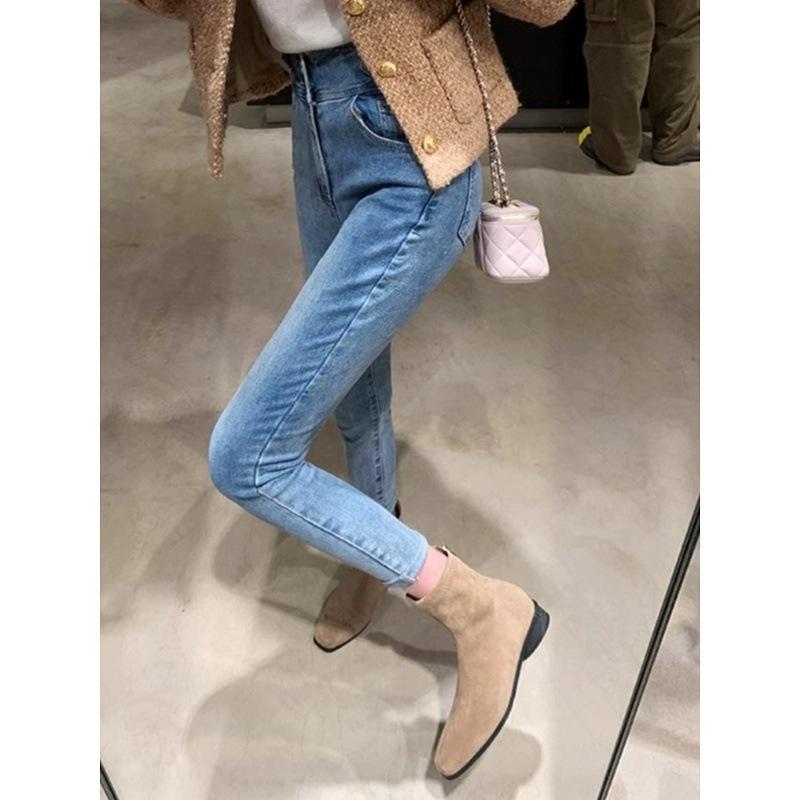 Square Martin Boots Women's Suede Versatile Skinny Boots Korea Chelsea Short Boots Single Boots