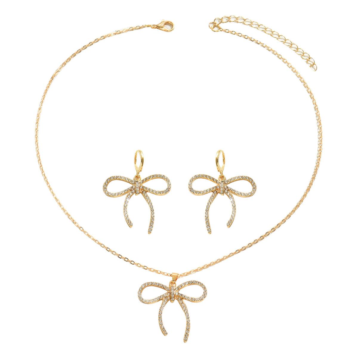 Gold Plated Crystal Bow Jewelry Set Delicate Bow Pendant Necklace & Drop Earrings for Women Rhinestone Bridal Party Jewelry золотой