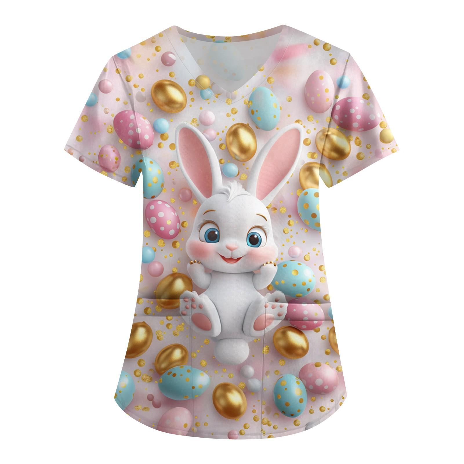 

Женская мода V-образный вырез короткий рукав комбинезон с карманами пасхальный принт топы одежда L розовый