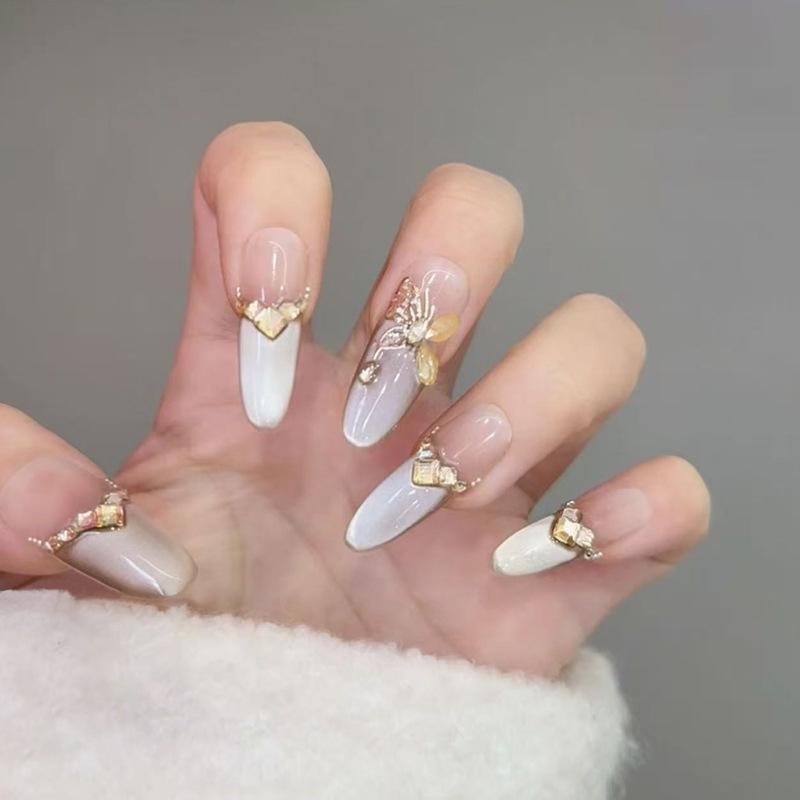 

Golden Butterfly Dance Cat Eye Almond French Luxury Nail Tips Glue Version