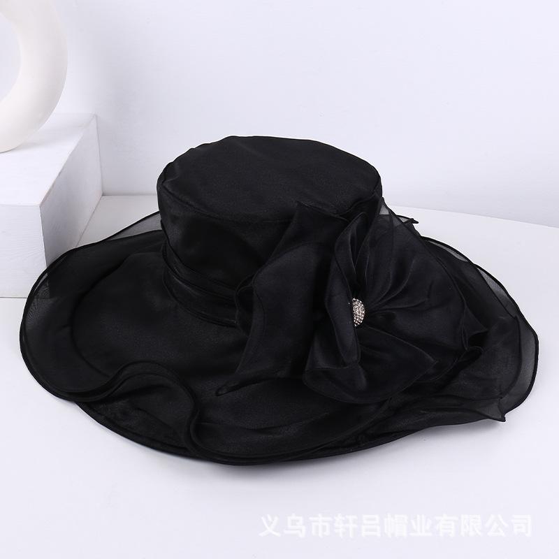 Mesh visor women's summer new solid color flower sunscreen sun hat European and American elegant crimped top hat beach hat