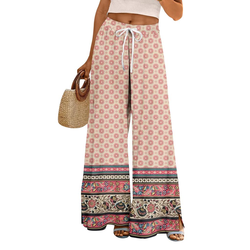 Dames zomer boho palazzo broek met hoge taille, wijde pijpen en bloemenprint, casual broek met zakken