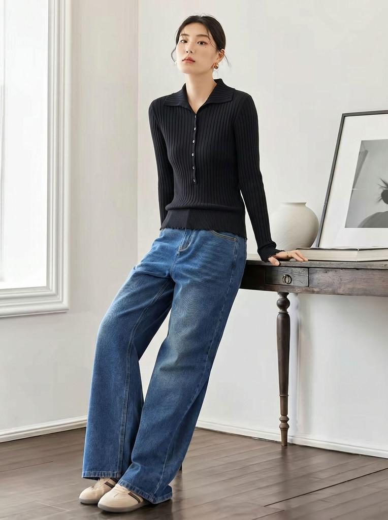 Women's Ribbed High Collar Wool Sweater - Slim Fit Convertible Lapel for Autumn/Winter