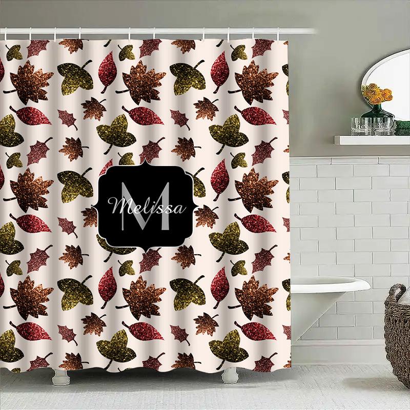 Shower Curtain Featuring Autumn Leaves Pattern With Glittery Finish, Name Monogram In