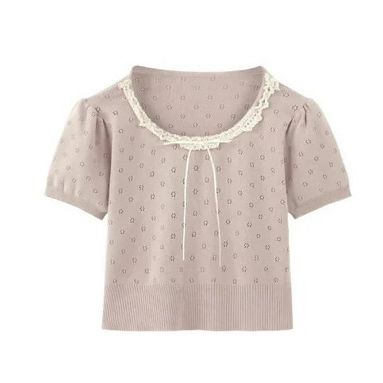 

Кружевной топ с рукавами-буфами, U-образным вырезом и бантом One Size [Premium Version] розовый