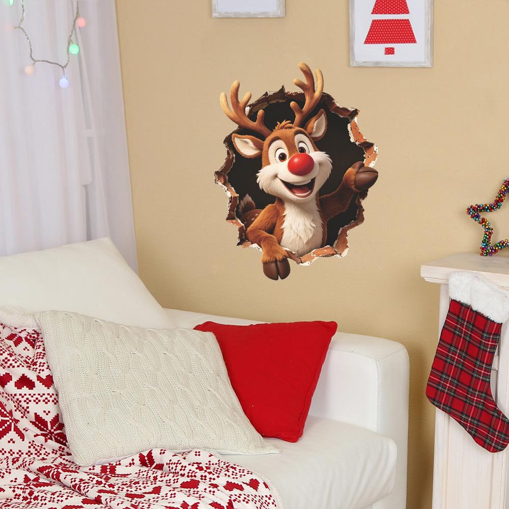 Christmas Stickers 3D Hole Bison Bedroom Sticker Living Room Background Beautification Wall Sticker