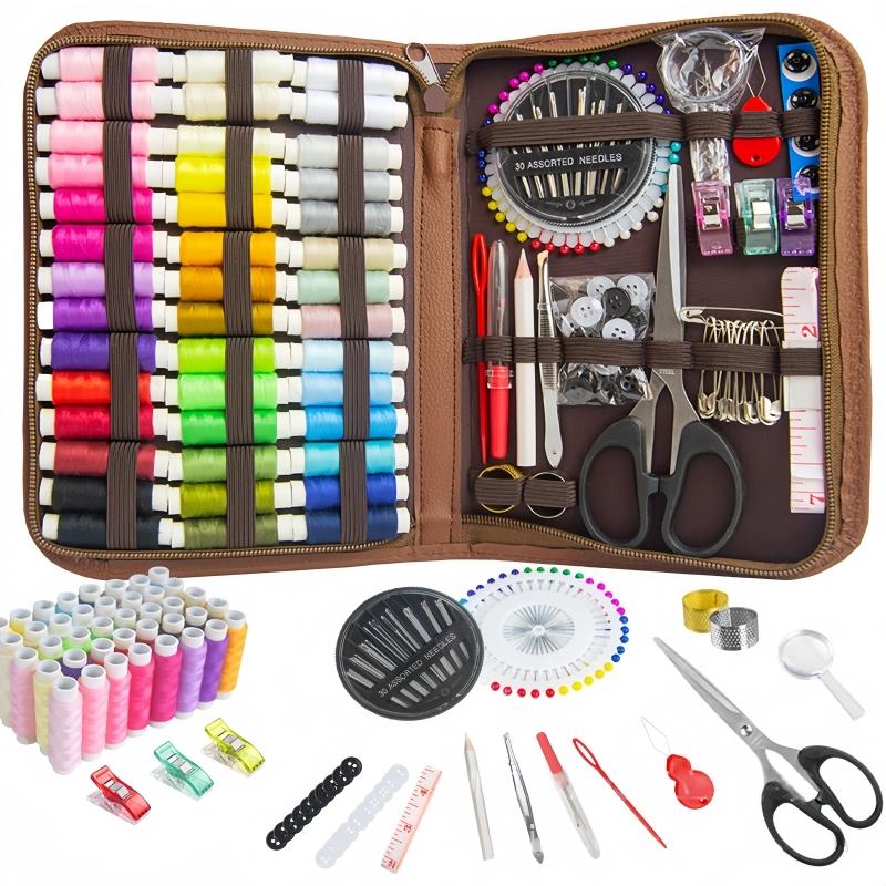 Kit da cucito rettangolare marrone da 170 pezzi, set da cucito per la casa con motivo stampato, set da cucito portatile da viaggio, attrezzi manuali fai-da-te