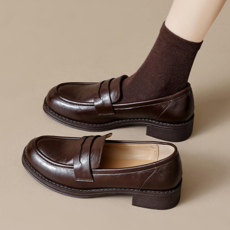 Laofers Shoes 2025 New Spring And Autumn Soft Leather Vintage British Style Women's Shoes Lazy Bottom Mid-heels Women Shoes