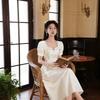 Champagne Square Collar Evening Dress High-end Light Luxury High-end Sense Art Examination Annual Meeting Adult Ceremony Banquet Bubble Sleeve Dress