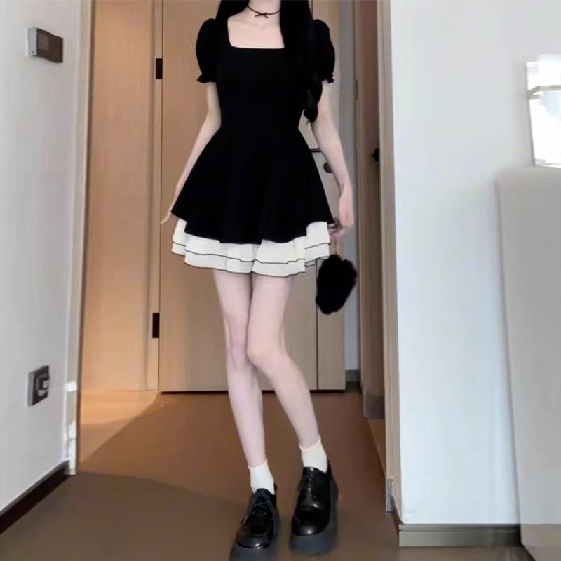 Hepburn style black dress women's summer new coffee break French small waist princess fluffy short dress
