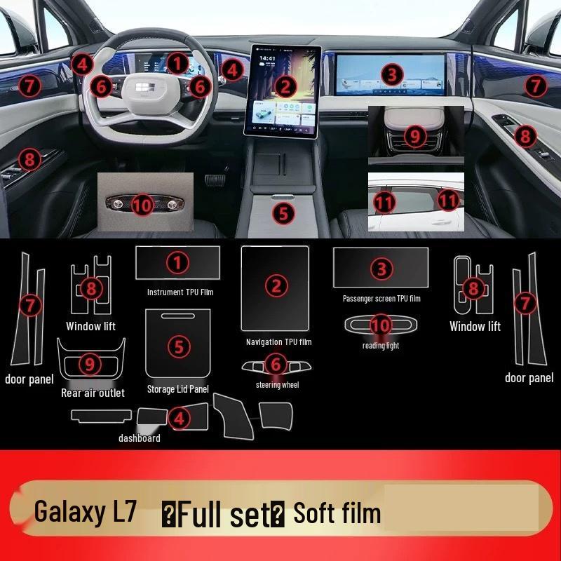 Geely Galaxy L7 Interior Protection: HD Film for Navigation, Dashboard & Gear Shift.